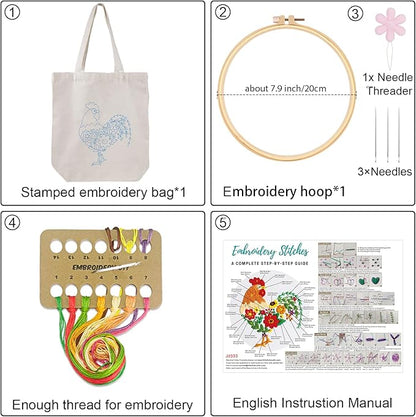 Louise Maelys Embroidery Kit Canvas Tote Bag for Beginners,Cross Stitch Kits for Adults,DIY Needlepoint Include Rooster and Flower Pattern,Women Shopping Reusable Grocery Bags