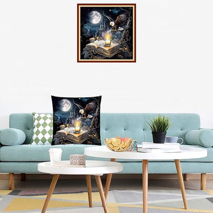 Lovxvouy Pillow Cross Stitch Kits for Adults Beginners-Preprinted Needlepoint Kit Stamped Crossstitching Kits 11CT Cross-Stitch Kit Stitches Kit Embroidery Kits-Eagle Moon Night 18x18 inchs