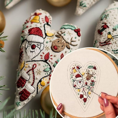 4 PCS Christmas Ornament Embroidery Kits,DIY Heart Shaped Hand Christmas Tree Embroidered Ornament,Nativity Cross Stitch Kit for Winter Pattern Embroidery Decoration,Holiday Hanging Home Decor Gift