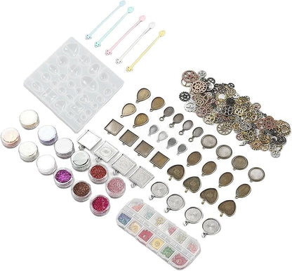 resins Jewelry Making Kit, DIY Pendant Silicone Kit with Dried Flowers and Gears, Reusable and to Demould, resins Mould Starter Kit for Beginners, Includes Various Sizes and Shap