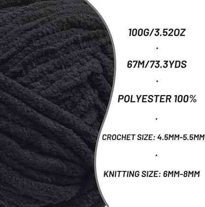 Chunky Chenille Yarn for Crocheting，Baby Yarn for Crocheting Soft Blankets，Bulky Yarns for Crochet Amigurumi，3×100g (3×74.3yds) Fluffy Velvet Yarns for Hand Knitting (3 Black)
