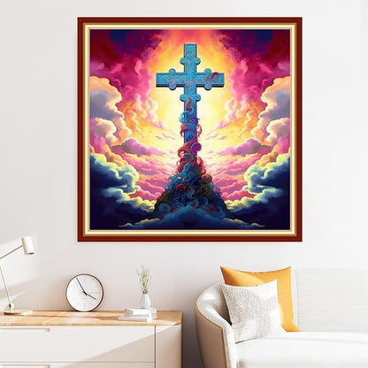 Disxvivy Cross Stitch Stamped Full Embroidery Kits DIY 11CT Cotton Thread Printed DIY Needlepoint Kits Craft Needlework Set Cross-Stitch Stamped Sets-Colorful Cross 18x18 inch