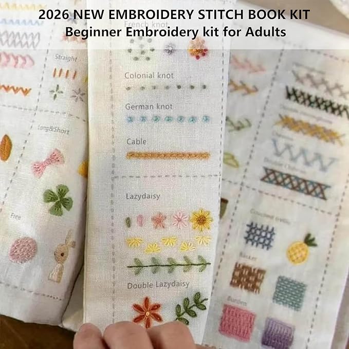 Embroidery Stitch Book Kit - Beginner Embroidery kit for Adults Portable All-in-One Hand Embroidery Book - 106 Patterns with Tools & Tutorials & 86 PCS Beginner Embroidery Kit