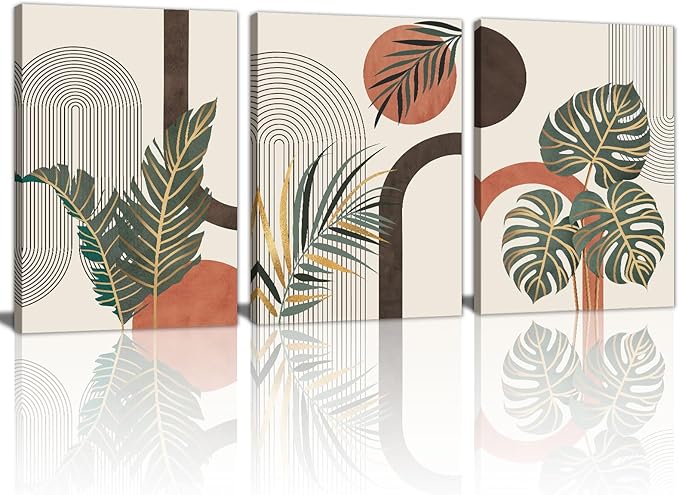 3 Pcs Boho Beige Canvas Wall Art Aesthetic Green Botanical Wall Pictures Minimalist Geometric Line Plants Leaf Art Prints Painting Home Decor for Bedroom Living Room Office Ready To Hang 16"x24"x3Pcs