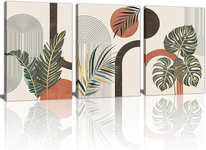 3 Pcs Boho Beige Canvas Wall Art Aesthetic Green Botanical Wall Pictures Minimalist Geometric Line Plants Leaf Art Prints Painting Home Decor for Bedroom Living Room Office Ready To Hang 16"x24"x3Pcs