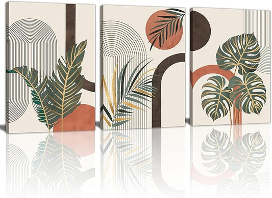 3 Pcs Boho Beige Canvas Wall Art Aesthetic Green Botanical Wall Pictures Minimalist Geometric Line Plants Leaf Art Prints Painting Home Decor for Bedroom Living Room Office Ready To Hang 16"x24"x3Pcs