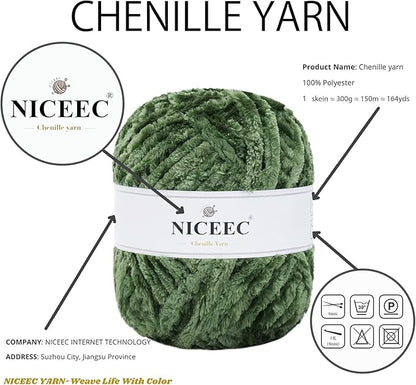 NICEEC 300g Soft Chenille Yarn Blanket Velvet Yarn for Knitting, Crochet, Weaving DIY Craft Total Length 150m (164yds)_Army Green