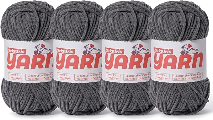 4 Pack Plush Chunky Chenille Yarn for Crocheting, Soft Fluffy Velvet Yarn for Crocheting Amigurumi, Fuzzy Baby Blanket Knitting 400g/524yds Bulky(4 Dark Gray)