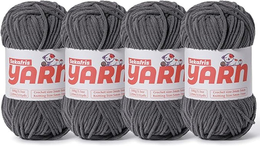 4 Pack Plush Chunky Chenille Yarn for Crocheting, Soft Fluffy Velvet Yarn for Crocheting Amigurumi, Fuzzy Baby Blanket Knitting 400g/524yds Bulky(4 Dark Gray)