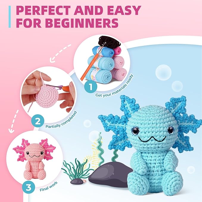 MOREJMTT Crochet Kit for Beginners, Crochet Animal Kits,Crocheting Kit for Starters with Step-by-Step Video Tutorials, Beginner Crochet Kits for Adults (2Pack Axolotl)