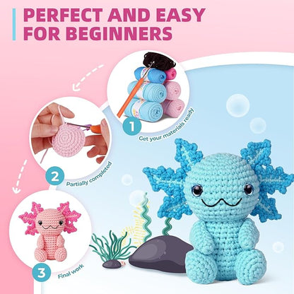 MOREJMTT Crochet Kit for Beginners, Crochet Animal Kits,Crocheting Kit for Starters with Step-by-Step Video Tutorials, Beginner Crochet Kits for Adults (2Pack Axolotl)