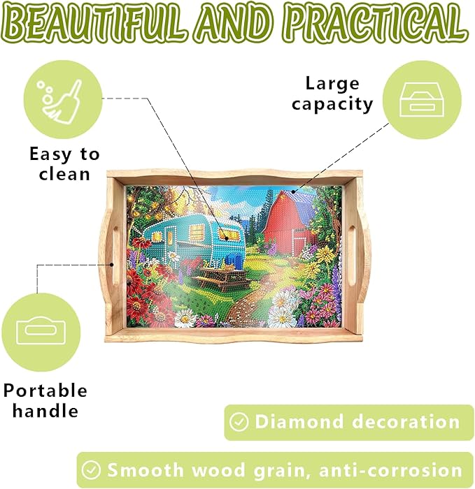 DOTSOPS DIY Diamond Painting Serving Tray with Handle for Adults 5D Diamond Art Kits for Beginners Full Drill Diamond Dots Gem Arts and Crafts Special Shape Living Room 12 x 16 Inches Blue Car