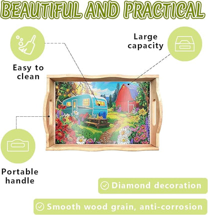 DOTSOPS DIY Diamond Painting Serving Tray with Handle for Adults 5D Diamond Art Kits for Beginners Full Drill Diamond Dots Gem Arts and Crafts Special Shape Living Room 12 x 16 Inches Blue Car