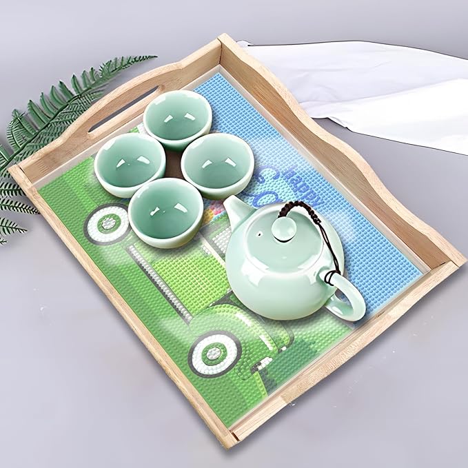 Generic FGbaby DIY 5D Happy Easter Truck Diamond Painting Wood Serving Tray with Handles Diamond Art Decorative Serving Trays Wooden Tray for Breakfast in Bed, Patio, BBQ, Coffee Table, Party