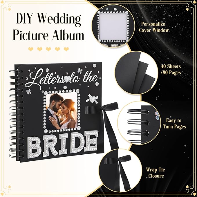 Fullhawl Letters To The Bride Scrapbook 8x8 Inch Bride Memory Book DIY Wedding Photo Album with Stickers and Markers for Wedding Engagement Bridal Shower Gifts Party Supplies, 40 Sheets (Bridal,Black)