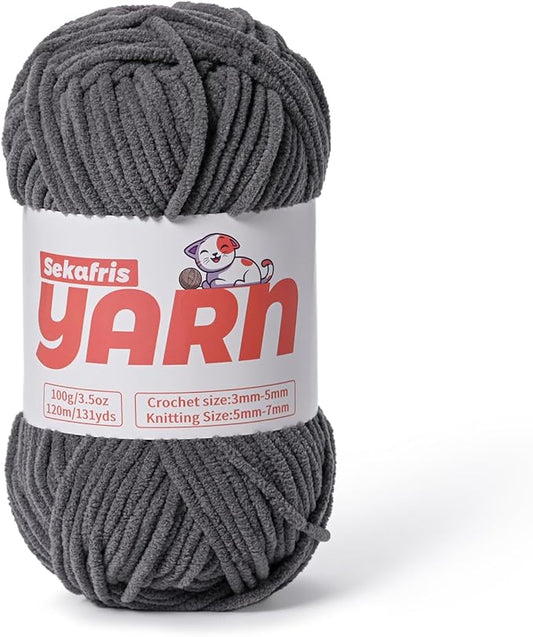 Plush Chunky Chenille Yarn for Crocheting, Soft Fluffy Velvet Yarn for Crocheting, Fuzzy Baby Blanket Knitting Yarns, 100g/131yds Bulky Amigurumi Yarns（Dark Gray）