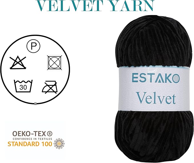 Estako Velvet (3- Skeins Pack) Chenille Blanket amigurumi Yarn for Crocheting and Knitting Super Bulky 3x100 gr (3x132 yds) (1810 - Black)