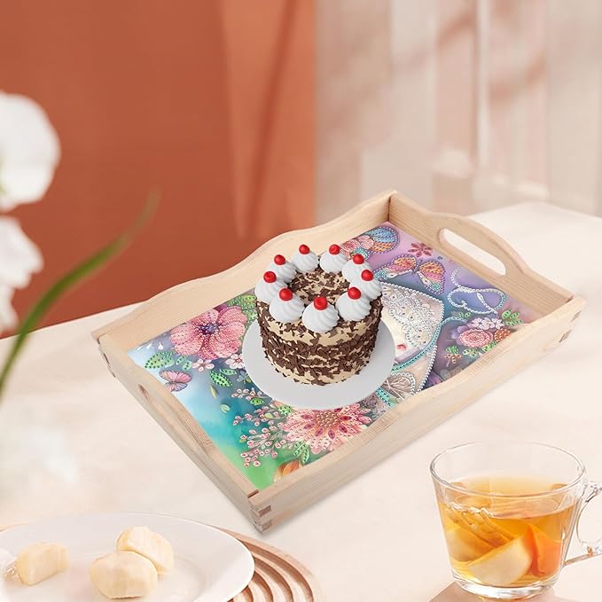 JISHSHAY Diamond Art Serving Tray Diamond Painting Food Tray Gem Art Serving Platter Gem Painting Mosaic Kits for Adults DIY Kits for Adults, with Wood Handle 20×30cm/7.87×11.81in, Envelope Flower