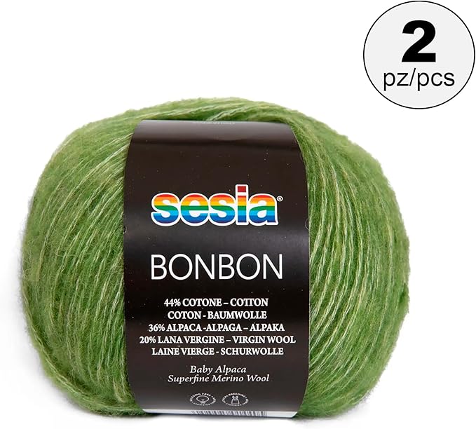 2 Skeins, Baby Alpaca, Superfine Merino Wool, Cotton, 458 Yds/3.5 oz., Needles US 6-7, Sesia Bon Bon (2, Green - 0075)
