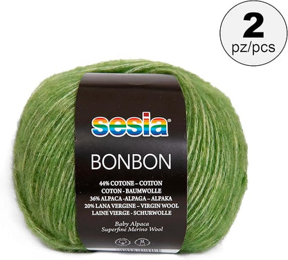 2 Skeins, Baby Alpaca, Superfine Merino Wool, Cotton, 458 Yds/3.5 oz., Needles US 6-7, Sesia Bon Bon (2, Green - 0075)