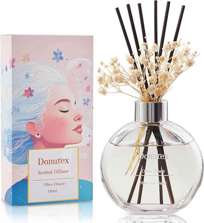 Donurex Flower Reed Diffuser Set 5.07oz Olive Flower Scent Diffuser with Sticks Home Fragrance Reed Diffuser for Bathroom Shelf Decor