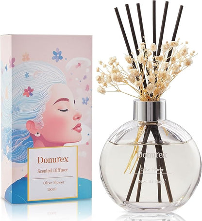 Donurex Flower Reed Diffuser Set 5.07oz Olive Flower Scent Diffuser with Sticks Home Fragrance Reed Diffuser for Bathroom Shelf Decor