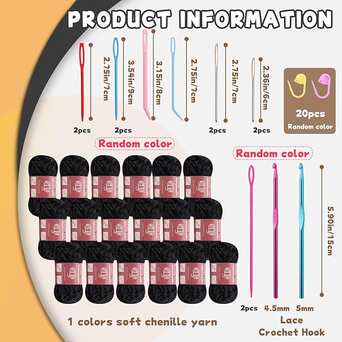 LUNARM 18 Skeins Chenille Yarn for Crocheting, Handmake Weaving Thick Soft Chunky Yarn for Blankets Clothes Crochet Craft with Crochet Hooks Needles Stitch Markers,3.53oz/Skein(Black)