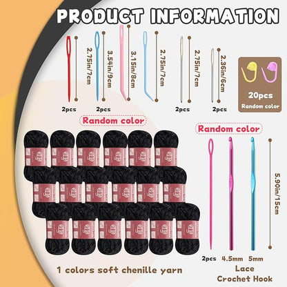 LUNARM 18 Skeins Chenille Yarn for Crocheting, Handmake Weaving Thick Soft Chunky Yarn for Blankets Clothes Crochet Craft with Crochet Hooks Needles Stitch Markers,3.53oz/Skein(Black)