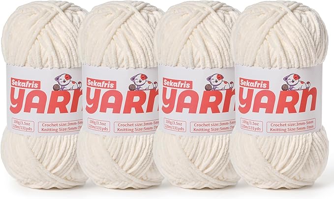 4 Pack Plush Chunky Chenille Yarn for Crocheting, Soft Fluffy Velvet Yarn for Crocheting Amigurumi, Fuzzy Baby Blanket Knitting 400g/524yds Bulky(4 White)