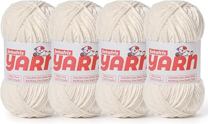 4 Pack Plush Chunky Chenille Yarn for Crocheting, Soft Fluffy Velvet Yarn for Crocheting Amigurumi, Fuzzy Baby Blanket Knitting 400g/524yds Bulky(4 White)