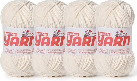 4 Pack Plush Chunky Chenille Yarn for Crocheting, Soft Fluffy Velvet Yarn for Crocheting Amigurumi, Fuzzy Baby Blanket Knitting 400g/524yds Bulky(4 White)