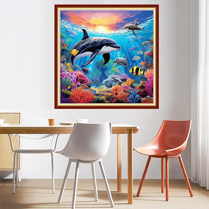 DMCVIVR Stamped Cross Stitch Kits for Beginners Adults Needlepoint Kits for Beginners Embroidery Kits for Adults Crossstitch Kit for Beginners 11CT-Underwater World Dolphins 18x18 inchs