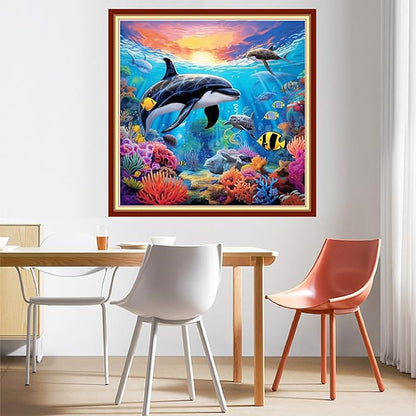 DMCVIVR Stamped Cross Stitch Kits for Beginners Adults Needlepoint Kits for Beginners Embroidery Kits for Adults Crossstitch Kit for Beginners 11CT-Underwater World Dolphins 18x18 inchs