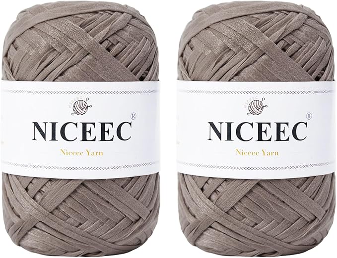 NICEEC 2 Skeins Soft Tape Yarn, Easy Crohcet Raffia, Crochet & Knitting, Paper Ribbon Yarn for DIY Craft Gift Wrapping Total Length 1.76oz×2/109yds×2 - Grayish Brown