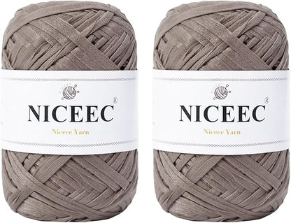 NICEEC 2 Skeins Soft Tape Yarn, Easy Crohcet Raffia, Crochet & Knitting, Paper Ribbon Yarn for DIY Craft Gift Wrapping Total Length 1.76oz×2/109yds×2 - Grayish Brown