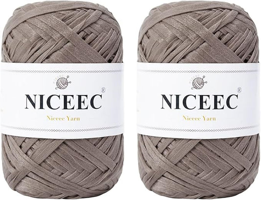 NICEEC 2 Skeins Soft Tape Yarn, Easy Crohcet Raffia, Crochet & Knitting, Paper Ribbon Yarn for DIY Craft Gift Wrapping Total Length 1.76oz×2/109yds×2 - Grayish Brown