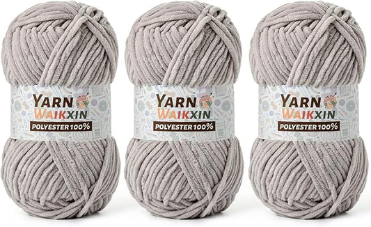 Soft Chenille Yarn for Crocheting, Fluffy Chunky Crochet Yarn for Baby Blanket, (5.29oz/196.8yds) Fuzzy Velvet Yarn for Amigurumi&DIY Puzzle、Crafts、Scarf(3 Light Gray)