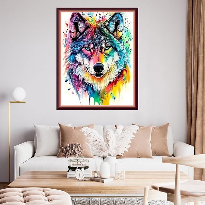 Fanxvivy Stamped Cross Stitch Kits for Beginners Full Range of Cross Stitching Preprinted Embroidery Kits for Adults, 11CT Embroidery Pattern Needlepoint Kits-Colorful Wolf 16x20 inch