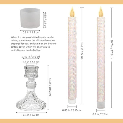 Flameless LED Taper Candles wish Illuminated Holder - Glass Candle Holder, Remote Timer 2AA Battery Operated 500 Hours for Thanksgiving/Xmas Decor, Wedding Centerpiece (Crystallized-Brilliant, 2 Pack)