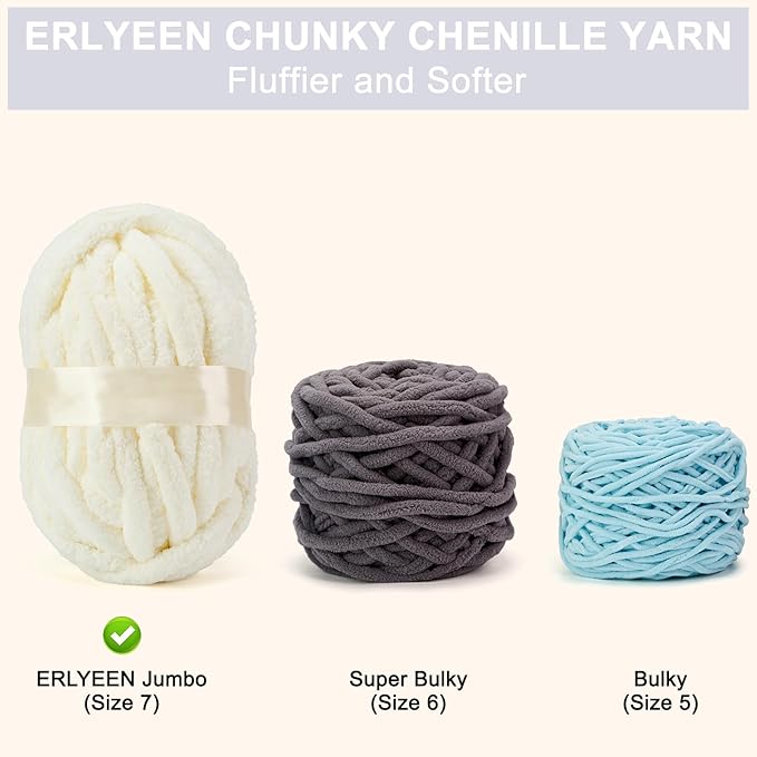 ERLYEEN Chenille Chunky Yarn Super Bulky Soft Thick Fluffy Jumbo Giant Washable Polyester Big Yarn DIY for Arm Knit Blanket Cushion Bed Sofa Home Decor,Milk White,2.2LB