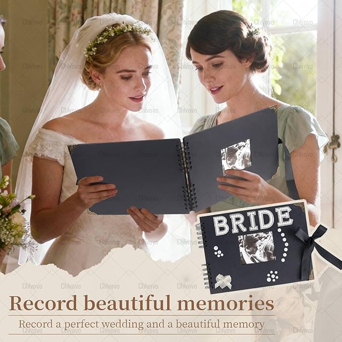 Letters to The Bride Scrapbook Photo Album, 8 x 12 Inch Wedding Memory Book, Black DIY Guest Book with Pearl Stickers, Metallic Letters, Bows，Blank Scrapbook(Black)