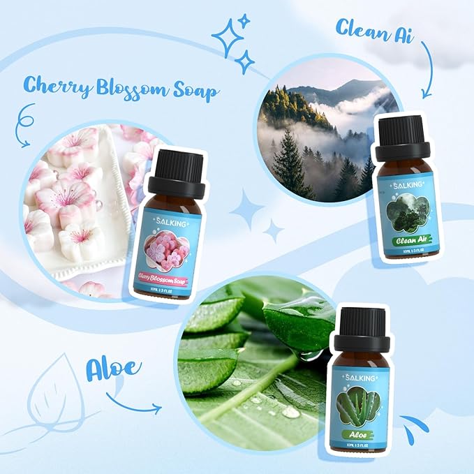 SALKING Clean Fragrance Oils Set, Premium Essential Oil for Diffuser, Scented Oil Gift Set for Soap Candle Making - Lemongrass, Fresh Cotton, Fresh Linen, Cherry Blossom Soap, Clean Air, Aloe