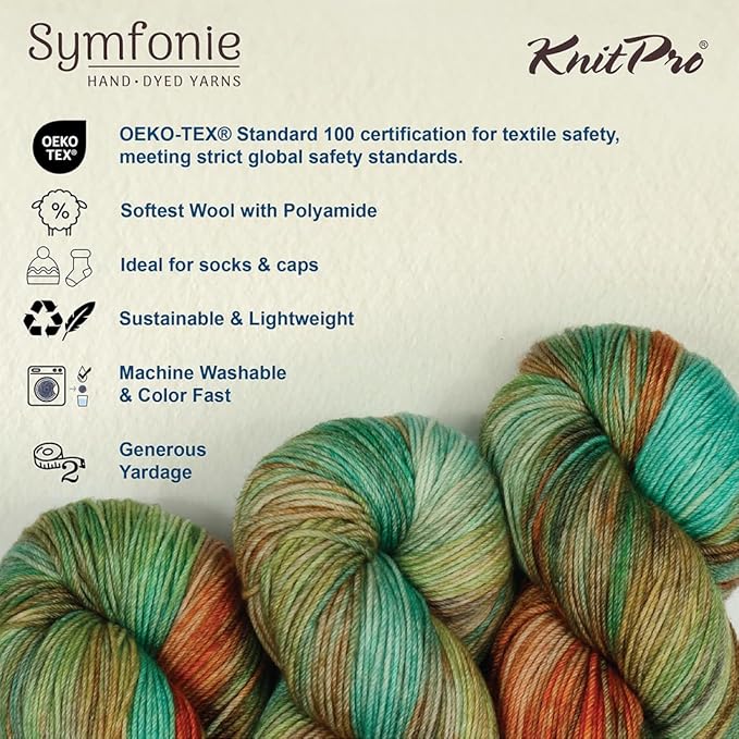 KnitPro Symfonie Hand Dyed Yarn | Extra Fine Merino Wool & Polyamide Blend for Knitting & Crocheting, Fingering Weight, Oeko-TEX Certified 400m, 100g Skein | Terra Variegated Lagoon Dream