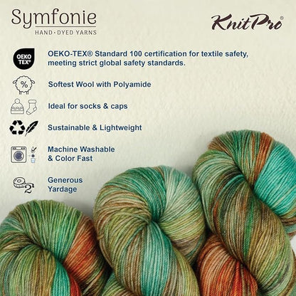 KnitPro Symfonie Hand Dyed Yarn | Extra Fine Merino Wool & Polyamide Blend for Knitting & Crocheting, Fingering Weight, Oeko-TEX Certified 400m, 100g Skein | Terra Variegated Lagoon Dream