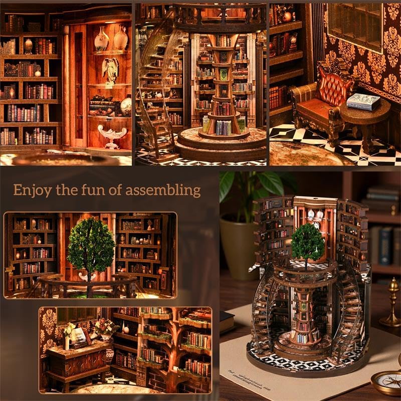 Wisdom Rings Book Repository DIY Book Nook Kit for Adults - Wooden Bookshelf 3D Book Nook Miniature Kit with LED Lights, Puzzle Library Decor for Book Lovers, Dust Proof Display, Unique Gift - Image 5