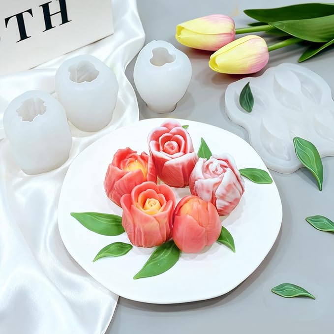 4 PCS Tulip Candle Molds with Leaf Mold, 3D Flower Silicone Molds for Candles Wax Soap Clay Plaster Epoxy Resin Home Decorations