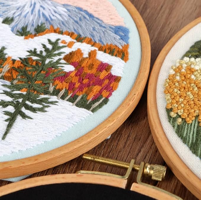 SUQUUB 3 Sets Embroidery Starter Kit with Pattern and Instructions,Cross Stitch Beginner Kits with Frame,3 Plastic Embroidery Hoops,3 Embroidery Clothes and Color Threads (3X Landscape Pattern)