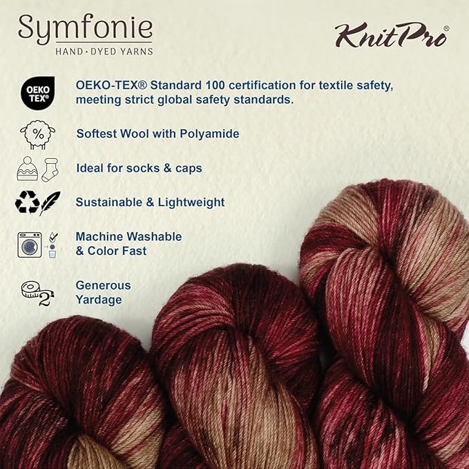 KnitPro Symfonie Hand Dyed Yarn | Extra Fine Merino Wool & Polyamide Blend for Knitting & Crocheting, Fingering Weight, Oeko-TEX Certified 400m, 100g Skein | Terra Variegated Cafe Rose