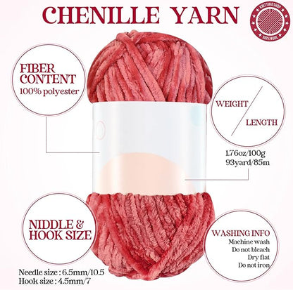 Woanger 20 Skeins Soft Chenille Yarn Velvet Blanket Yarn for Crocheting Hand Knitting Weaving DIY Craft, 93 Yards Each (Pink Tone)