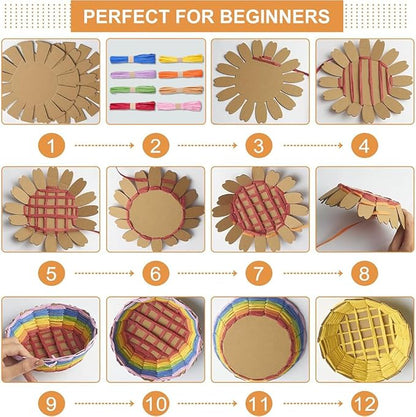 WADORN 15 Sets Basket Weaving Craft Kit for Beginners, Creative Woven Bowl DIY Making Kits 7.4 Inch Plastic Base and 175 Yards 8 Colors Paper Ribbon for Easter Eggs Small Parts Candy Cookies Crafts